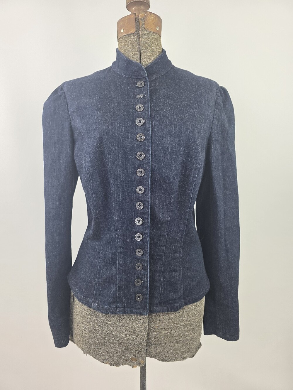 Ralph Lauren Vintage Women's Military Inspired Puff Sleeve Fitted Denim Jacket L